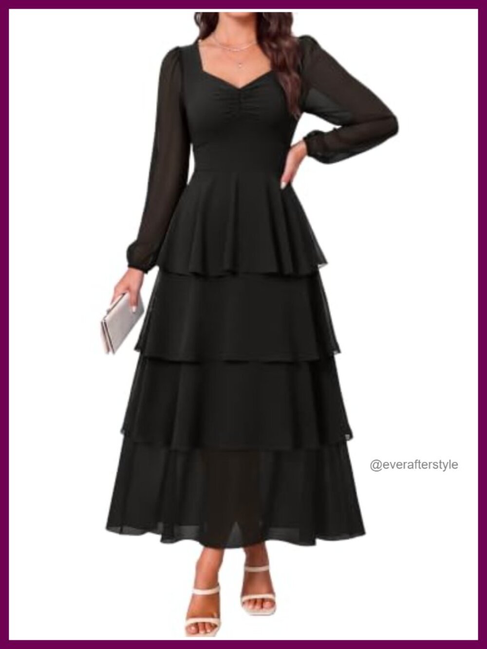 Chiffon Long Sleeve Sweetheart Neck Tiered Maxi Dress Wedding Guest